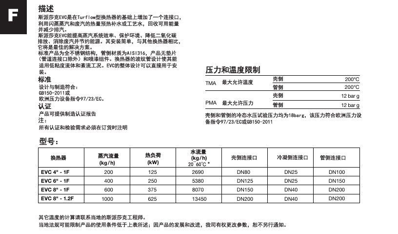 斯派莎克換熱器EVC系列技術(shù)參數(shù)