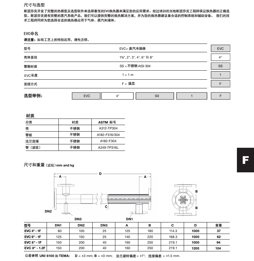 斯派莎克換熱器EVC系列尺寸，選型